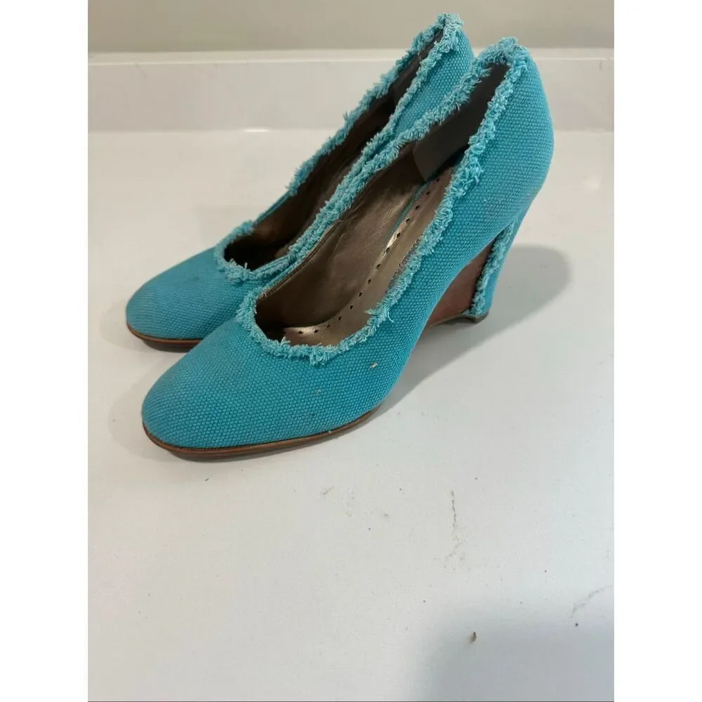 Sport-I-Que Donald Pliner Teal Cloth Wedge Heels Size 10